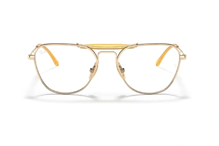 عینک طبی ری بن فریم شبه خلبانی دو پل تیتانیوم رنگ طلایی و زرد، حدقه های نسبتا گربه ای - عکس از زاویه روبرو