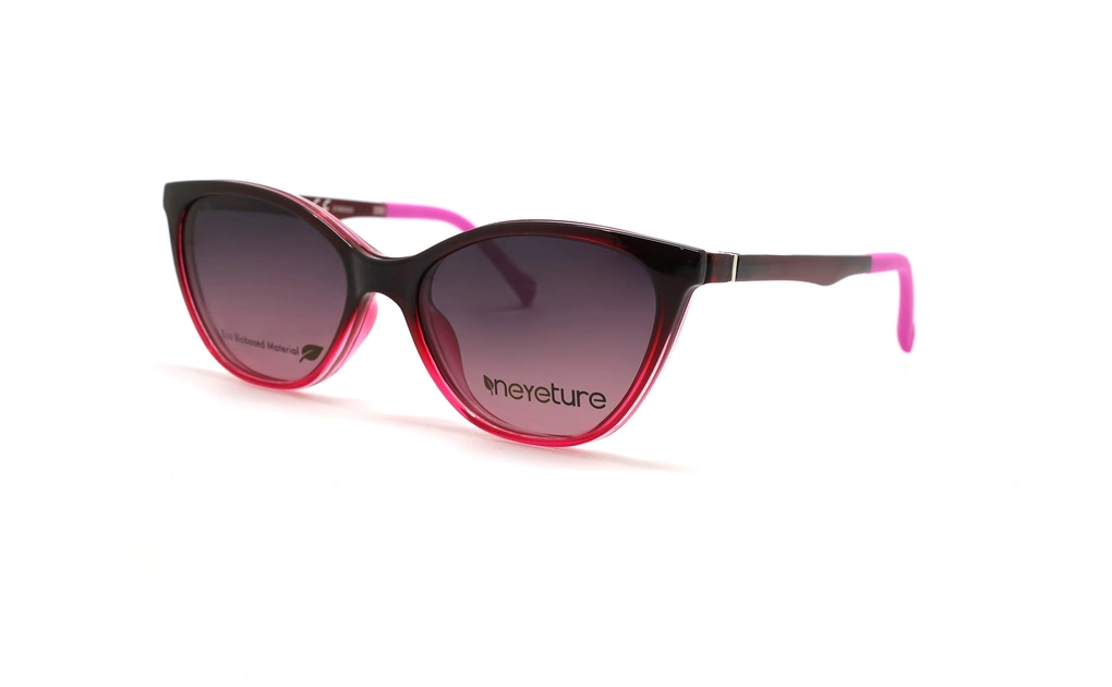 عینک طبی زنانه رویه دار سنترواستایل فریم گربه ای کائوچویی قرمز صورتی با رویه آفتابی بنفش - عکس از زاویه سه رخ 