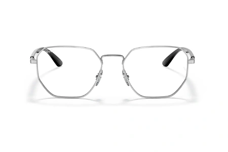 عینک طبی فلزی ری بن فریم چندضلعی رنگ نقره ای با دسته های مشکی - عکس از زاویه روبرو