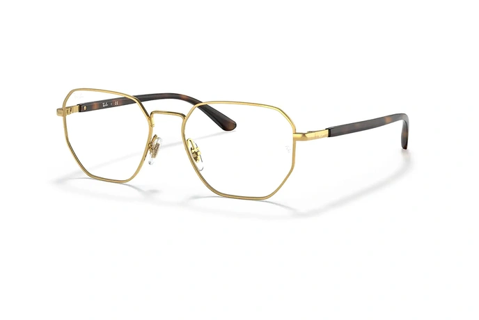عینک طبی فلزی ری بن فریم چندضلعی رنگ طلایی با دسته های قهوه ای هاوانا - عکس از زاویه سه رخ