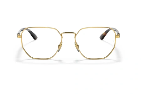 عینک طبی فلزی ری بن فریم چندضلعی رنگ طلایی با دسته های قهوه ای هاوانا - عکس از زاویه روبرو