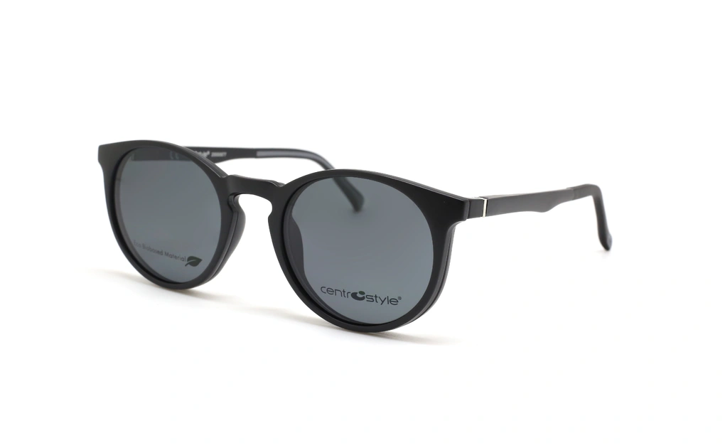 عینک طبی رویه دار کائوچویی گرد سنترواستایل مشکی با رویه آفتابی - عکس از زاویه سه رخ